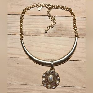 Chico's Brushed Gold Tone Necklace with Faux Pearl And Rhinestone Pendant